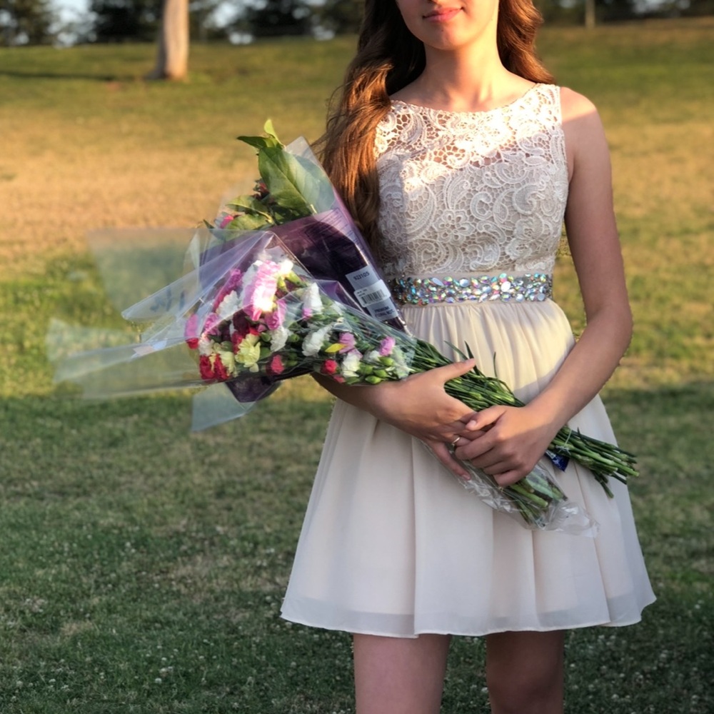 Masquerade Cream Lace Prom Dress with Sparkling Waist